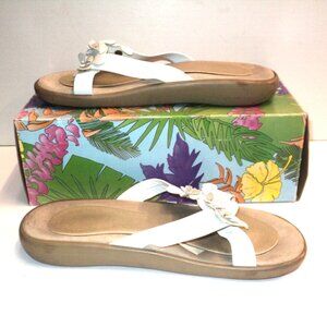 Island White Sandals Women's Size 8 Flower Slide DTLEHUA Made in Hawaii Leather